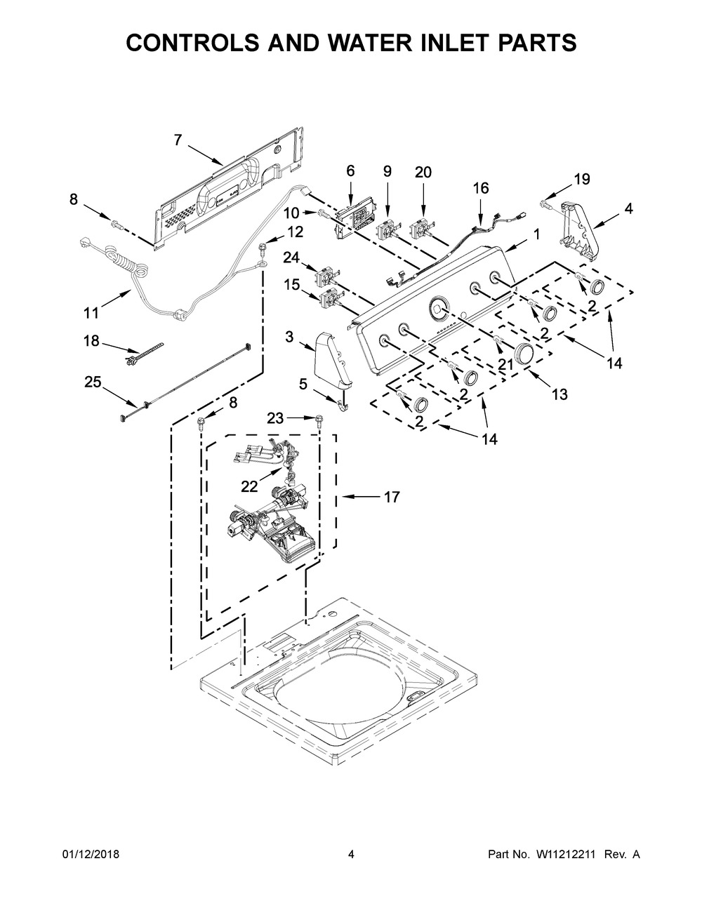 Controls And Water Inlet Parts Diagram and Parts List for 7MMVWC417FW0  Maytag Washer