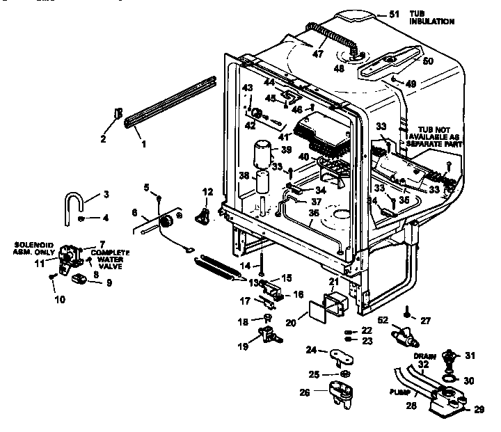 Tub Assembly Diagram and Parts List for CDU600C-P1188317W  Caloric Dishwasher
