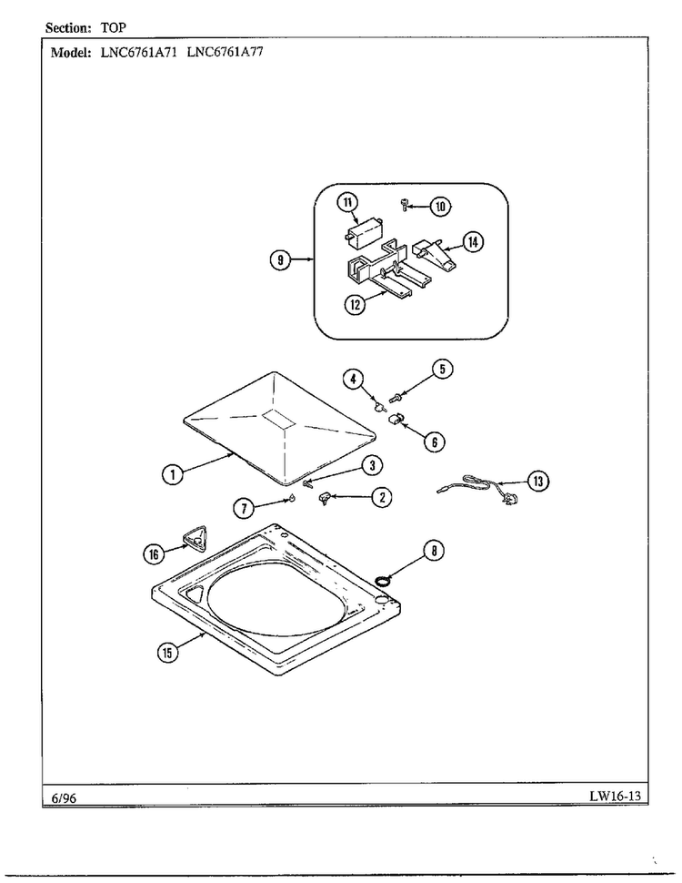 Top Diagram and Parts List for LNC6761A71  Admiral Washer