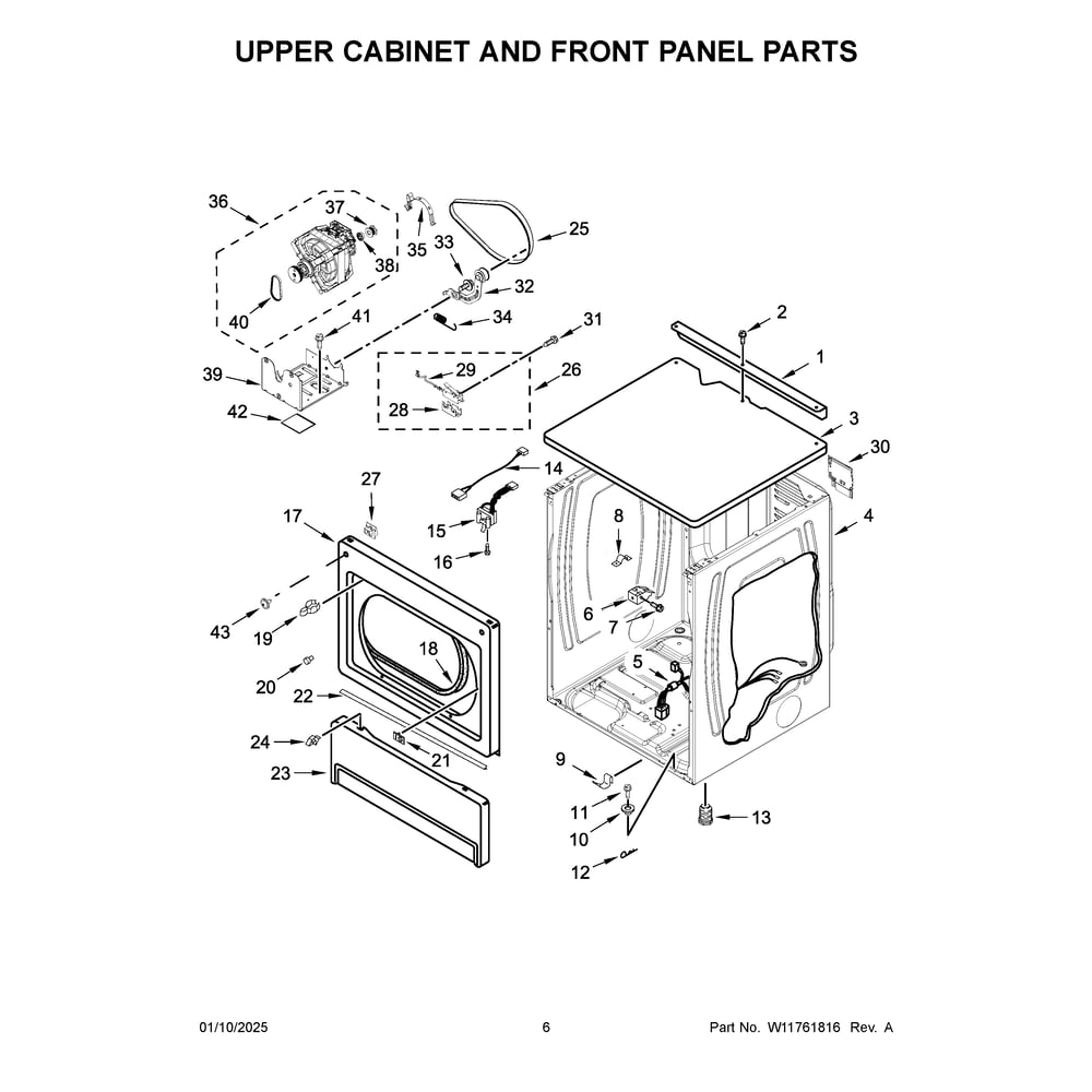 Upper Cabinet And Front Panel Parts Diagram and Parts List for MLE26PDFYW0  Maytag Dryer