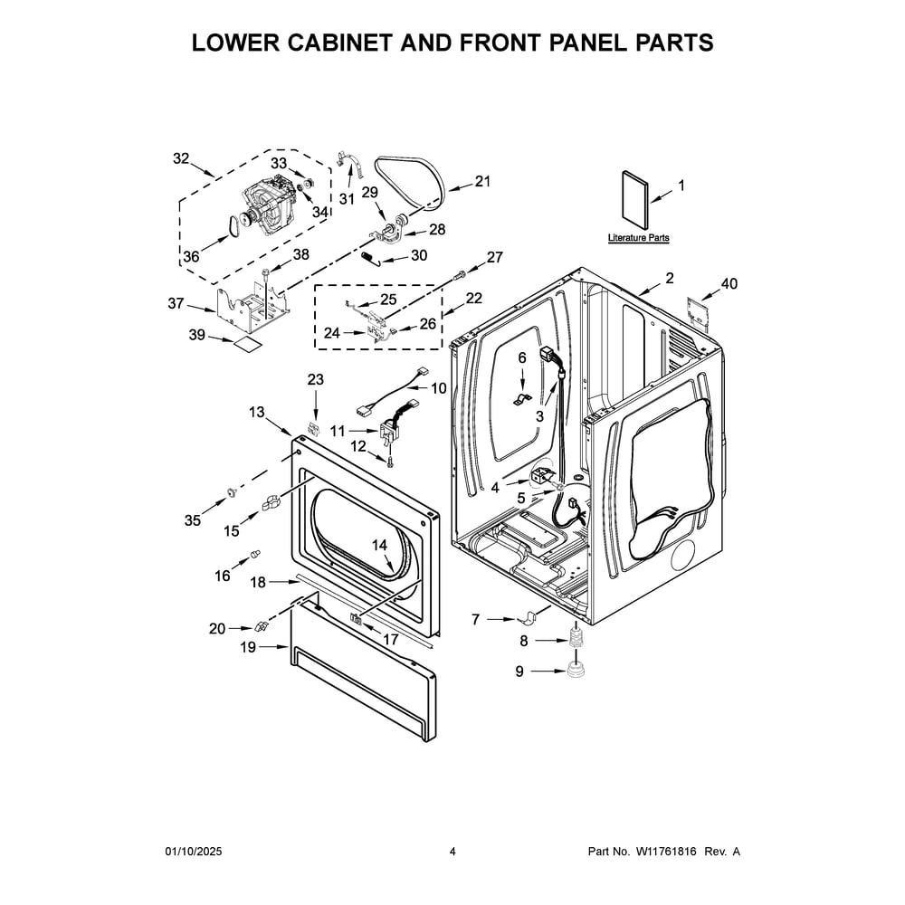 Lower Cabinet And Front Panel Parts Diagram and Parts List for MLE26PDFYW0  Maytag Dryer
