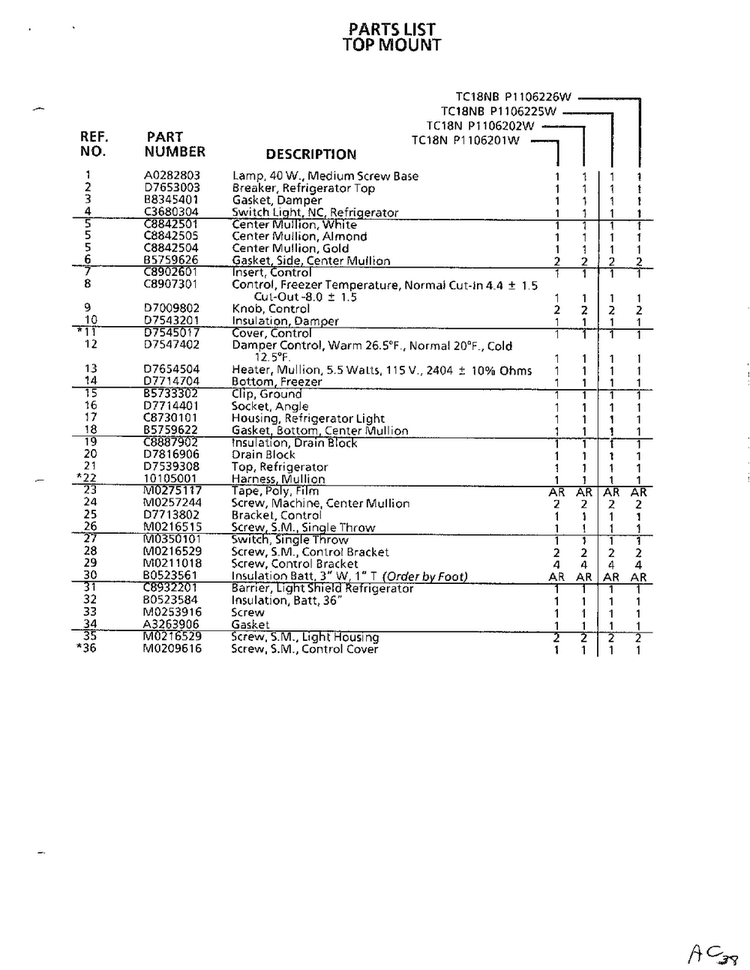 Top Mount Page 6 Diagram and Parts List for TC22N-P116205W  Amana Refrigerator