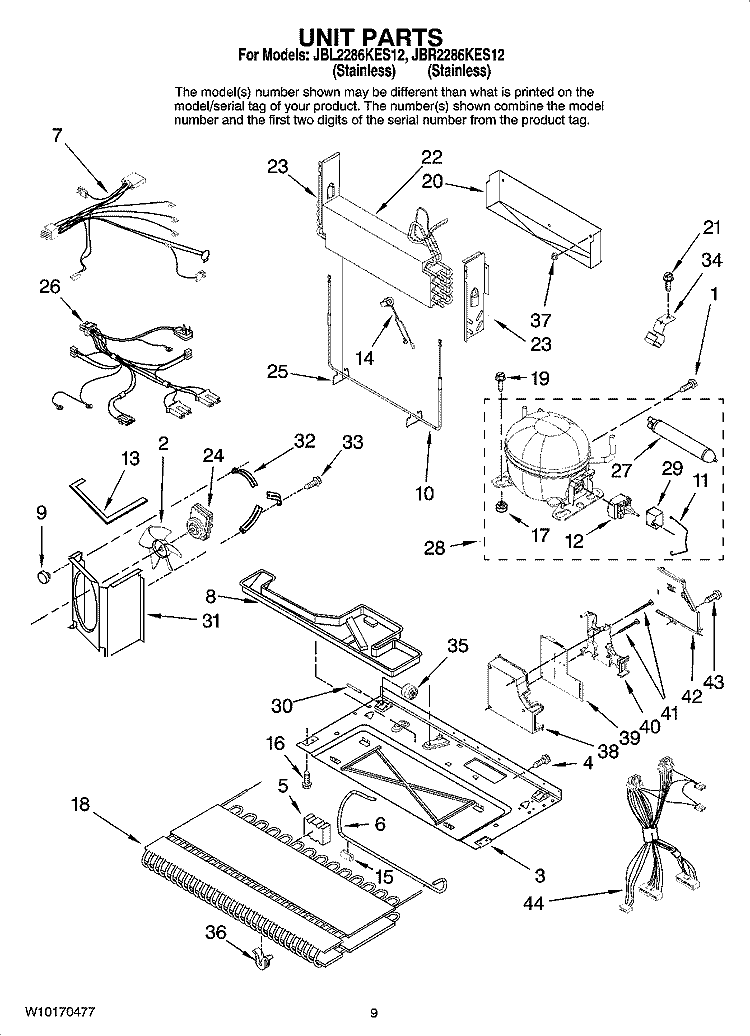 UNIT PARTS Diagram and Parts List for JBR2286KES12  Jenn-Air Refrigerator