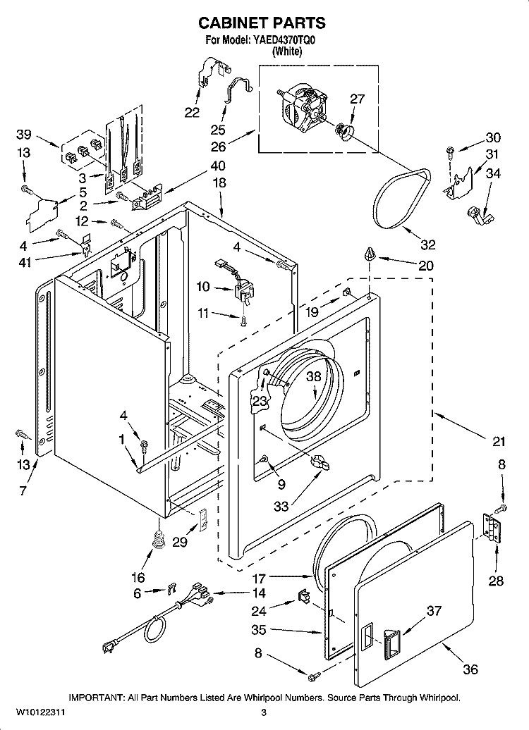 CABINET PARTS Diagram and Parts List for YAED4370TQ0  Admiral Dryer