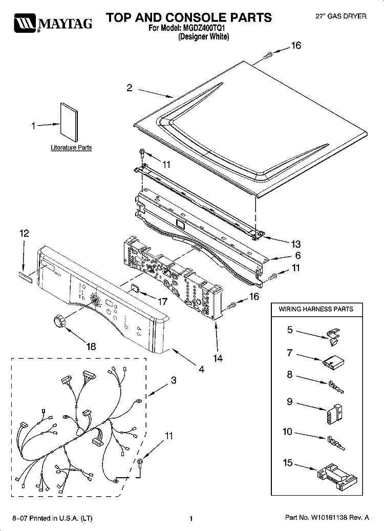 TOP AND CONSOLE PARTS Diagram and Parts List for MGDZ400TQ1  Maytag Dryer