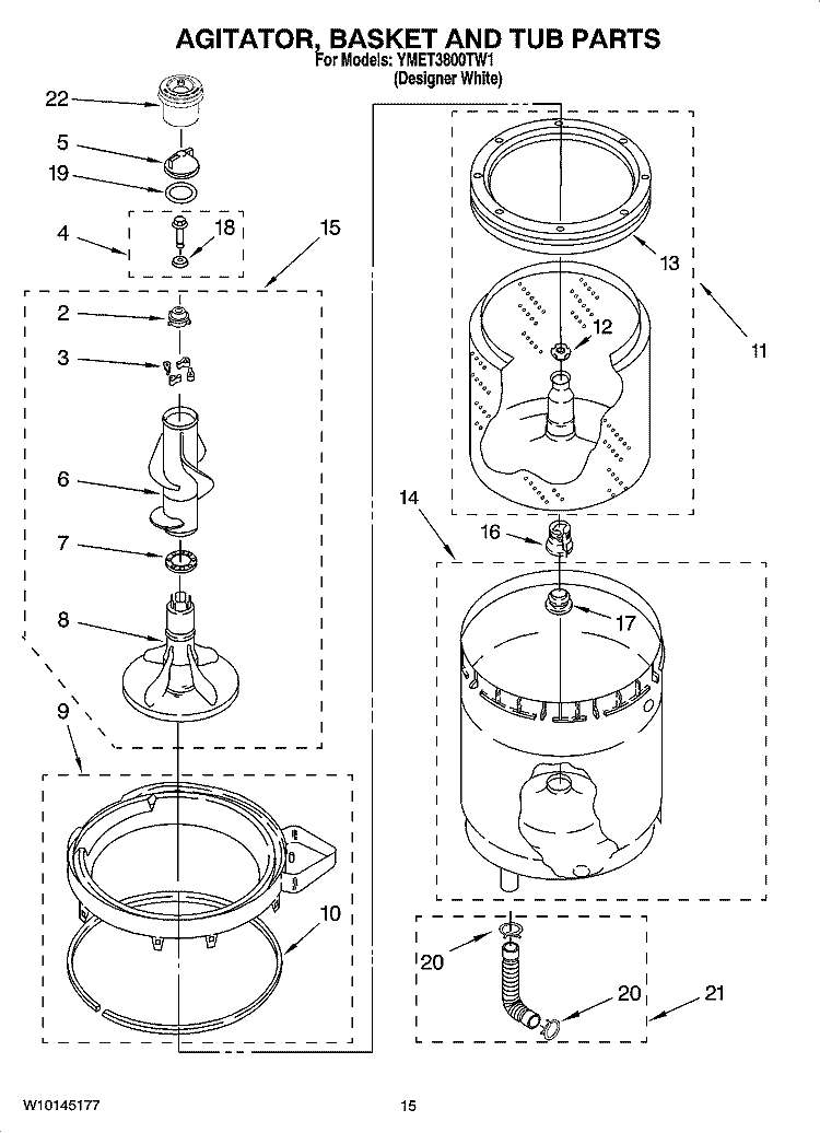 AGITATOR, BASKET AND TUB PARTS Diagram and Parts List for YMET3800TW1  Maytag Washer Dryer Combo