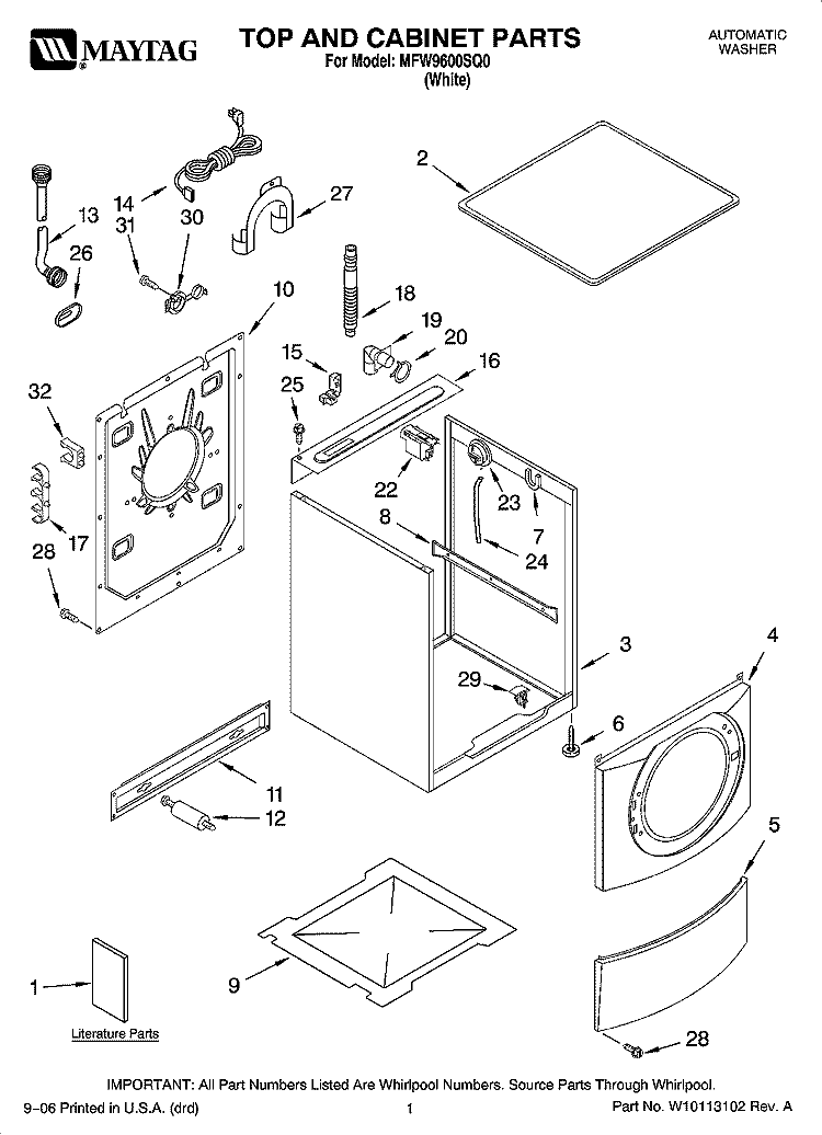 TOP AND CABINET PARTS Diagram and Parts List for MFW9600SQ0  Maytag Washer