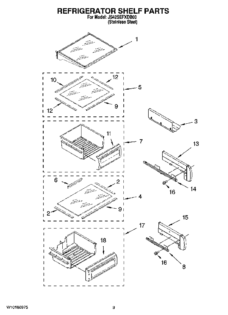 REFRIGERATOR SHELF PARTS Diagram and Parts List for JS42SEFXDB00  Jenn-Air Refrigerator