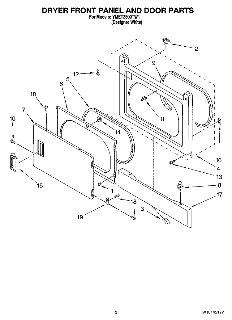 DRYER FRONT PANEL AND DOOR PARTS Diagram and Parts List for YMET3800TW1  Maytag Washer Dryer Combo
