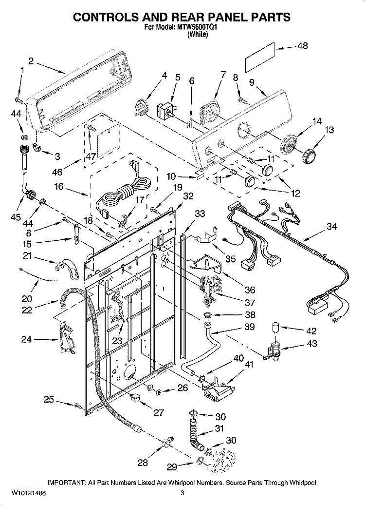 CONTROLS AND REAR PANEL PARTS Diagram and Parts List for MTW5600TQ1  Maytag Washer