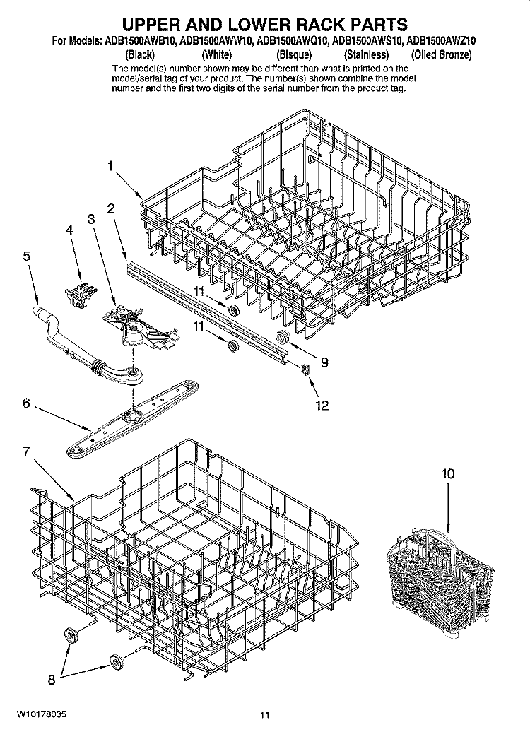 UPPER AND LOWER RACK PARTS Diagram and Parts List for ADB1500AWZ10  Amana Dishwasher