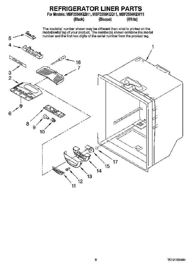 REFRIGERATOR LINER PARTS Diagram and Parts List for MBF2556KEQ11  Maytag Refrigerator