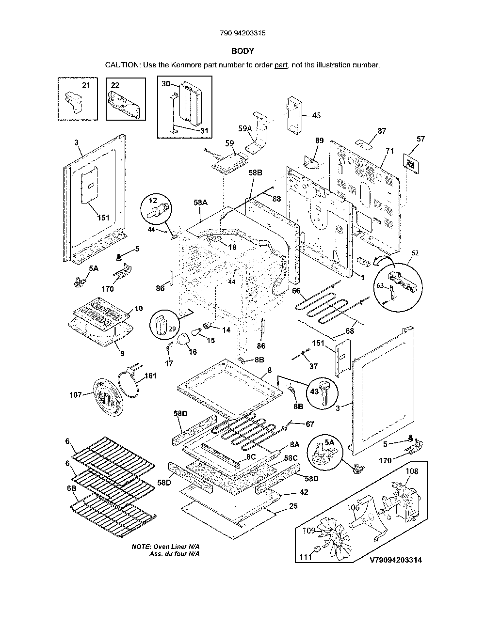Body Diagram and Parts List for 79094203315  Kenmore Range
