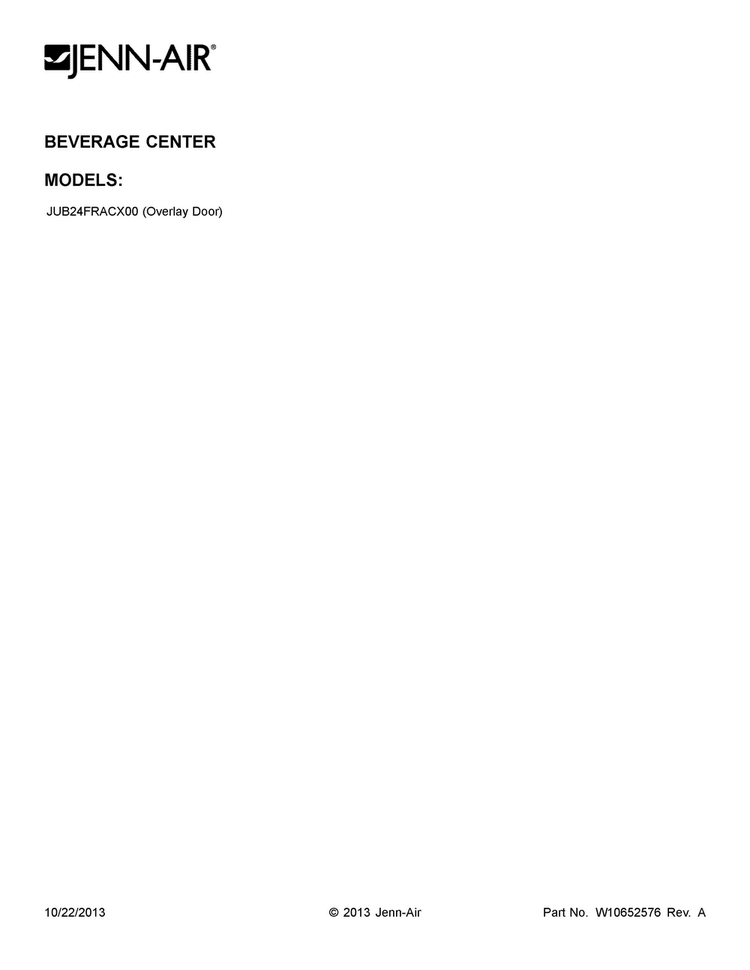 Cover Sheet Diagram and Parts List for JUB24FRACX00  Jenn-Air Wine and Beverage Cooler