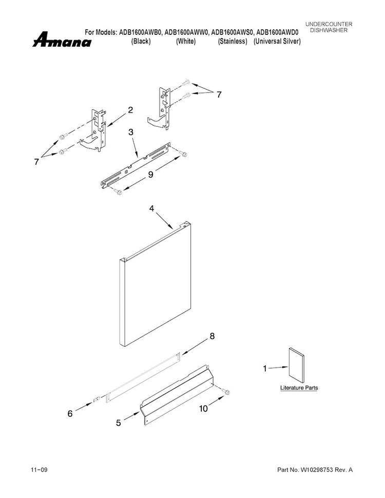 Door And Panel Parts Diagram and Parts List for ADB1600AWB0  Amana Dishwasher