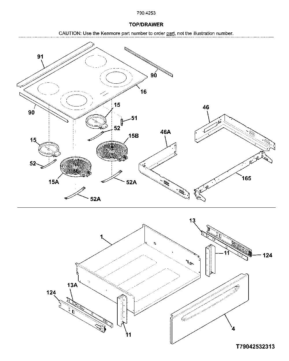 Top/Drawer Diagram and Parts List for 7904253131A  Kenmore Range