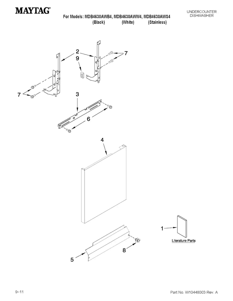 Door And Panel Parts Diagram and Parts List for MDB4630AWW4  Maytag Dishwasher