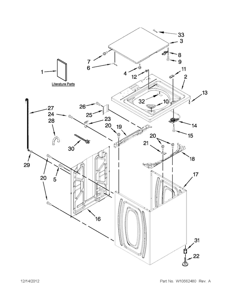 Top And Cabinet Parts Diagram and Parts List for CAW9244BW0  Crosley Washer