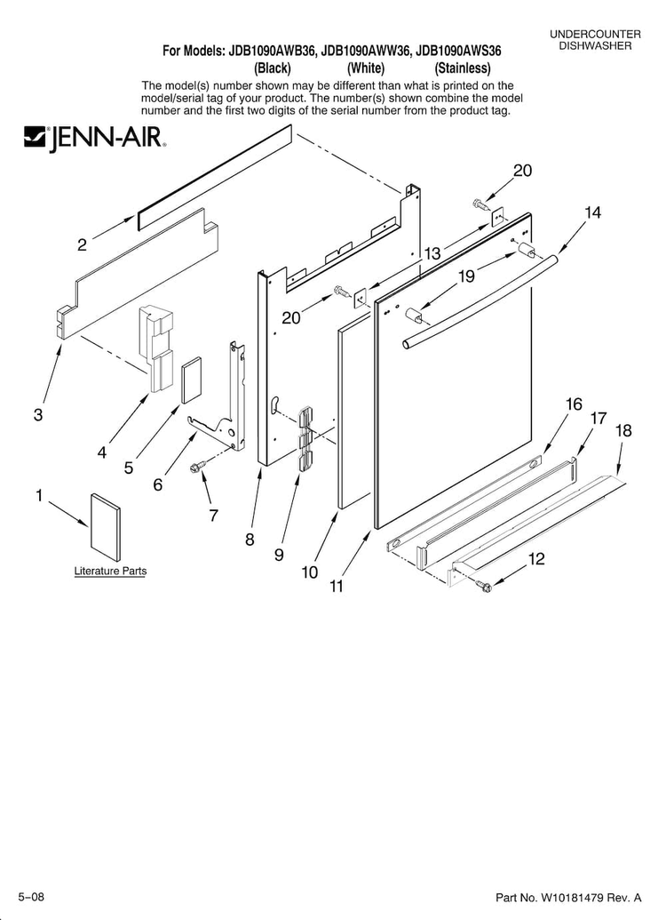 Door And Panel Parts Diagram and Parts List for JDB1090AWB36  Jenn-Air Dishwasher