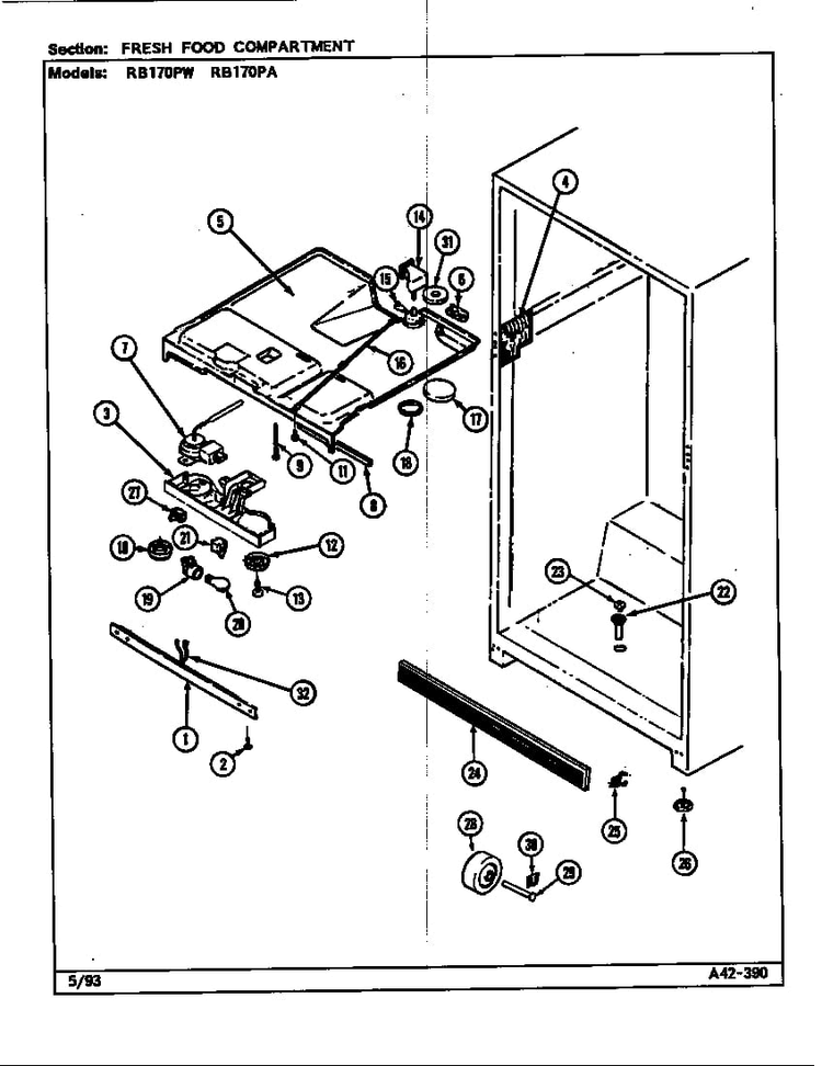 Fresh Food Compartment Diagram and Parts List for RB170PA DG25A Magic Chef Refrigerator