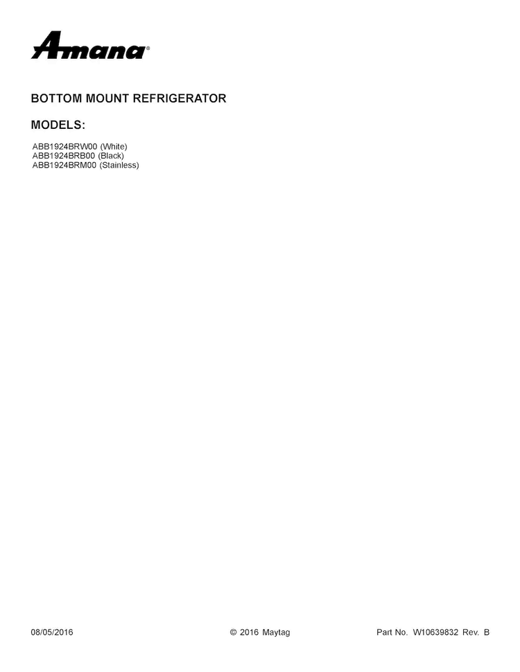 Cover Sheet Diagram and Parts List for ABB1924BRM00  Amana Refrigerator