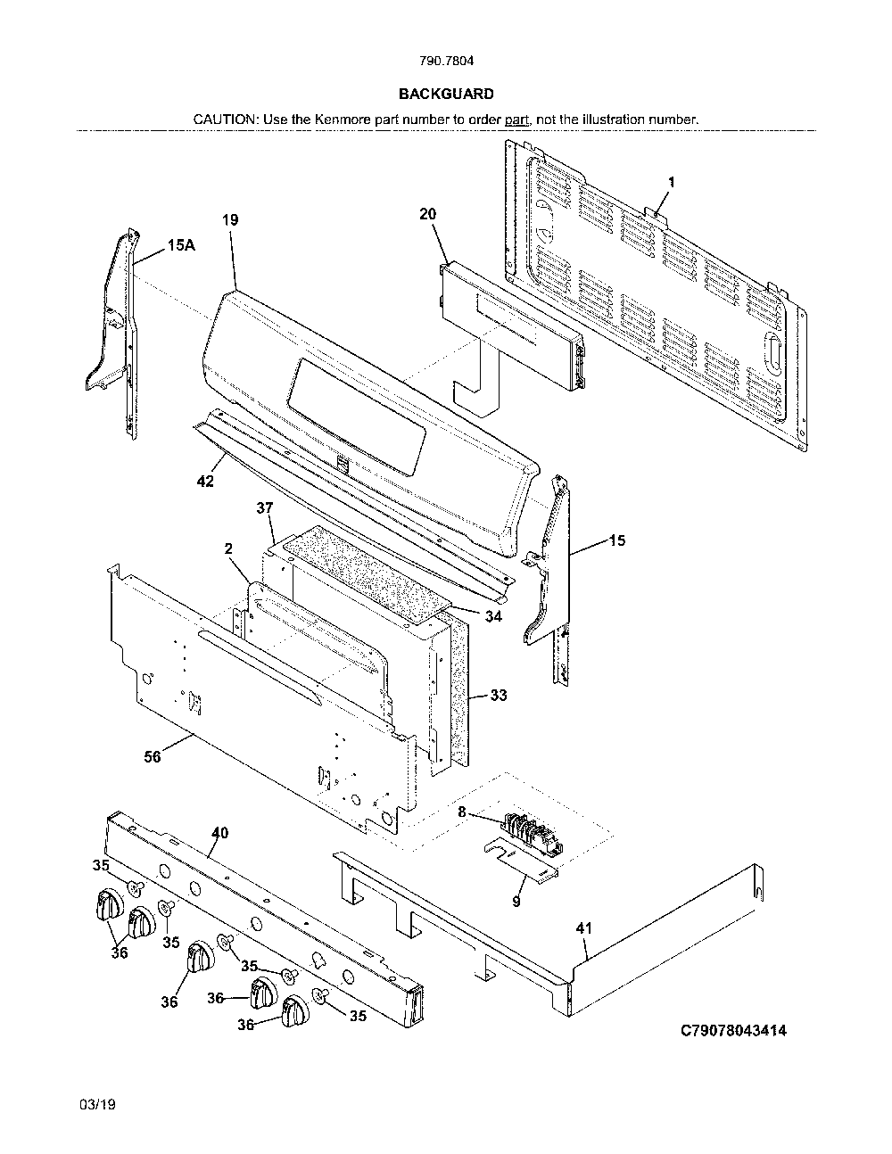 Backguard Diagram and Parts List for 79078042414  Kenmore Range