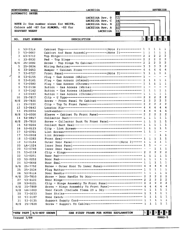 Gas Dryer Exterior Assembly Page 2 Diagram and Parts List for 8216A  Norge Dryer