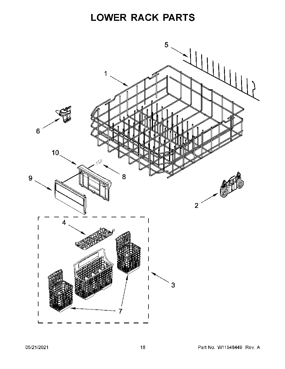 Lower Rack Parts Diagram and Parts List for 66514793N513  Kenmore Dishwasher