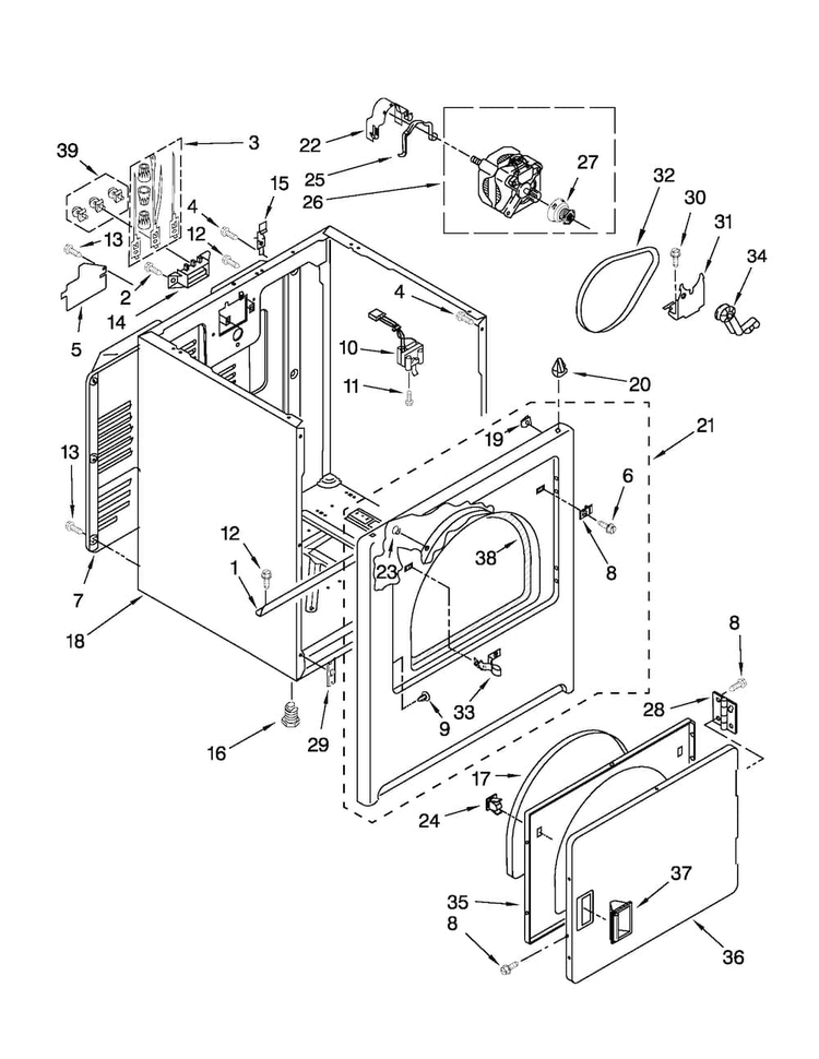 Cabinet Parts Diagram and Parts List for AED4675YQ0  Admiral Dryer