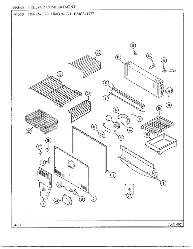 Freezer Compartment Diagram and Parts List for HMG241777  Admiral Refrigerator