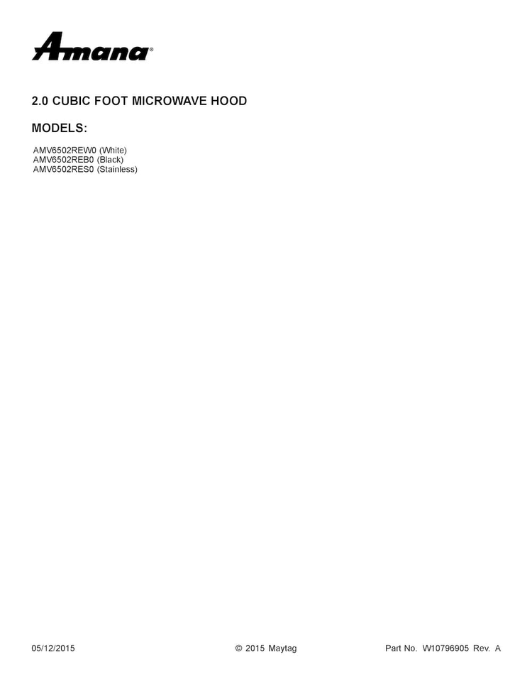 Cover Sheet Diagram and Parts List for AMV6502REW0  Amana Microwave