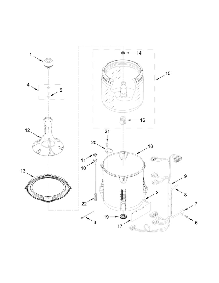 Basket And Tub Parts Diagram and Parts List for 4KMVWC230EW0  Maytag Washer