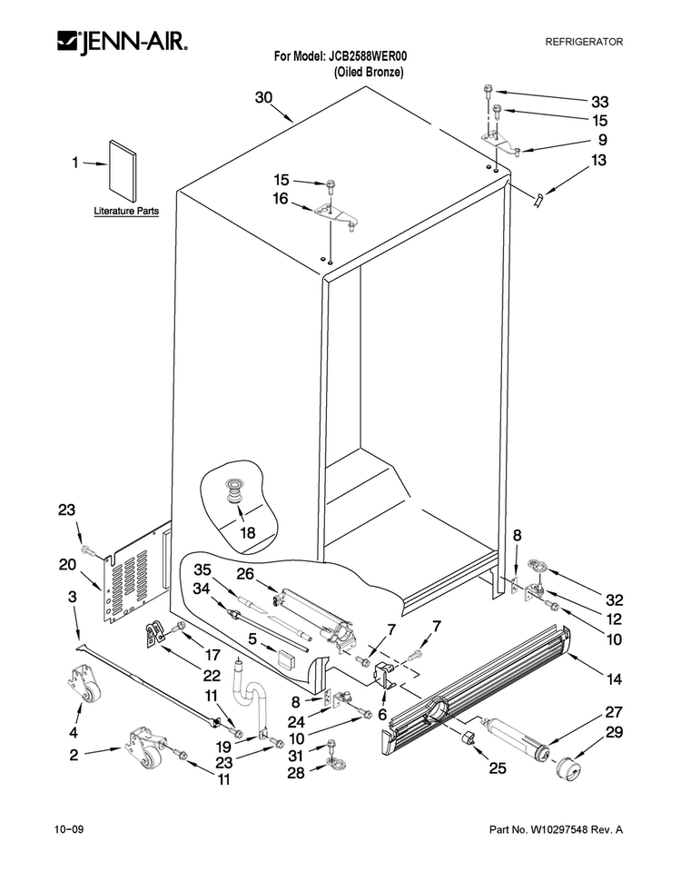 Cabinet Parts Diagram and Parts List for JCB2588WER00  Jenn-Air Refrigerator