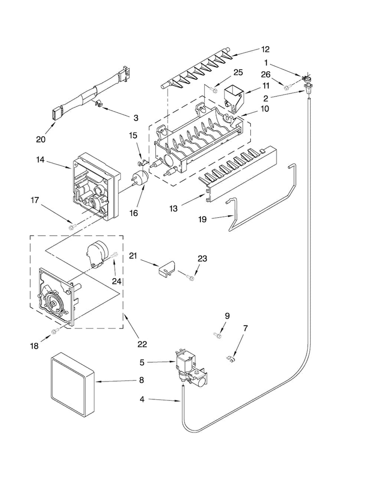 Icemaker Parts Diagram and Parts List for M0RXEMMWB00  Maytag Refrigerator