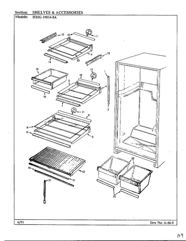 Shelves And Accessories Diagram and Parts List for 19814-0A  Admiral Refrigerator