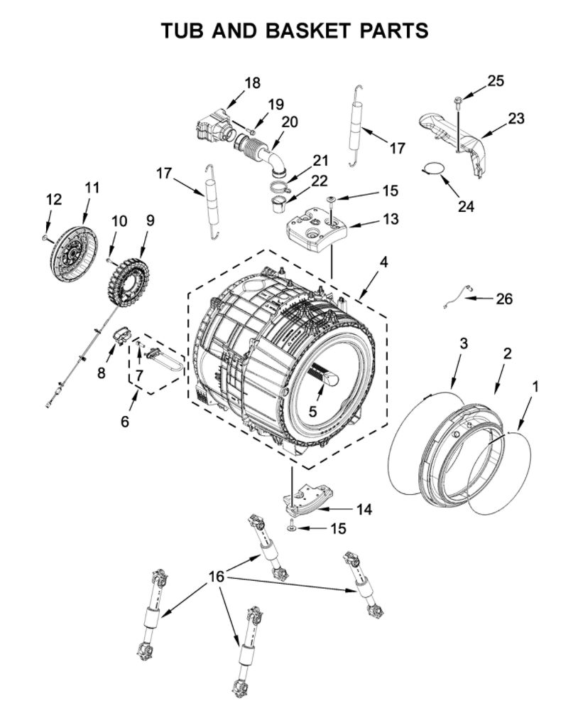 Tub And Basket Parts Diagram and Parts List for MHW8630HC3  Maytag Washer