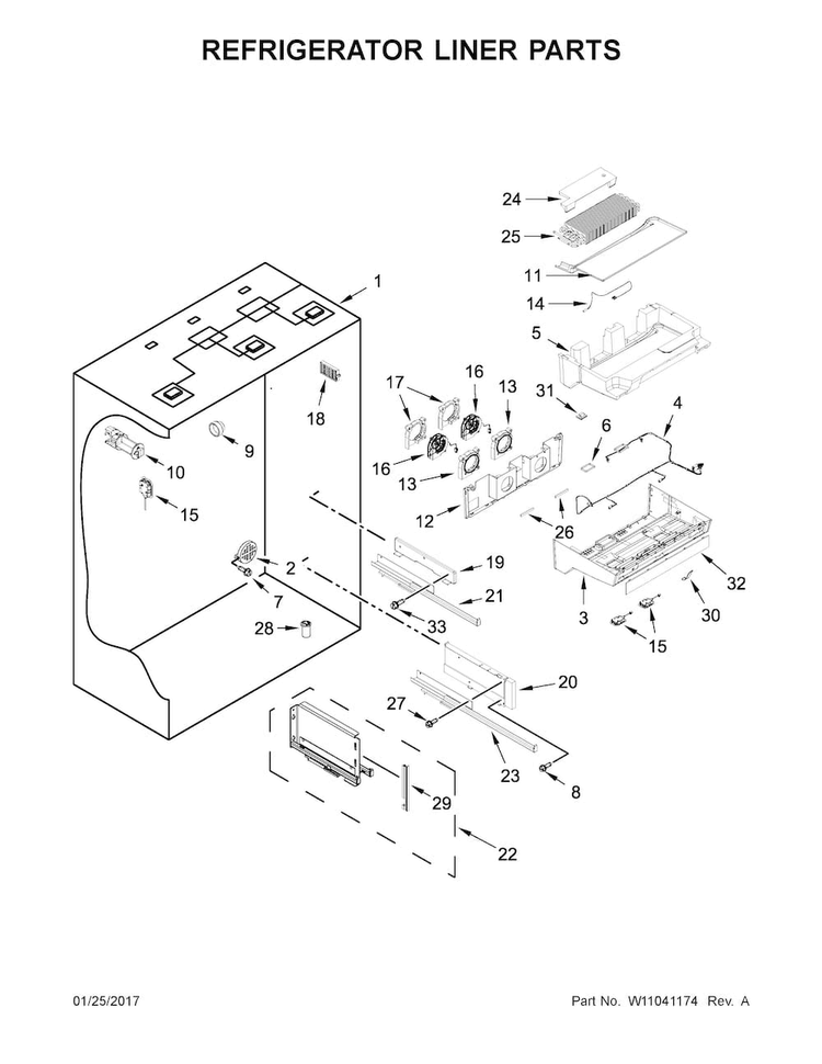 Refrigerator Liner Parts Diagram and Parts List for JF36NXFXDE01  Jenn-Air Refrigerator
