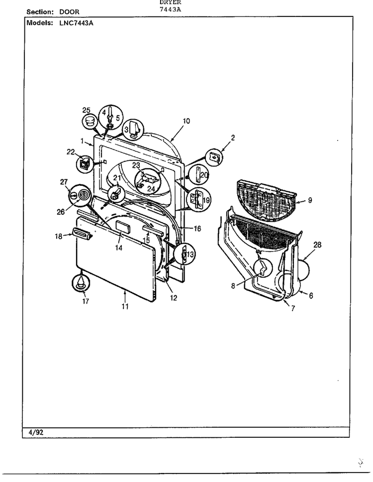 Door Diagram and Parts List for 7443A  Norge Dryer