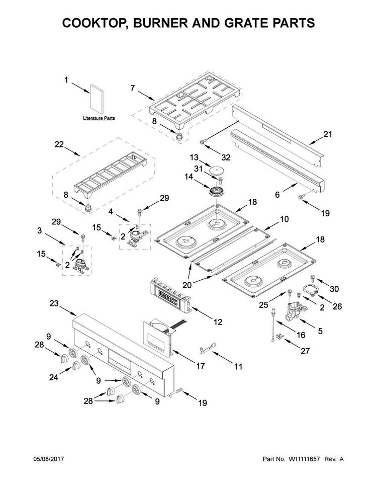 Cooktop, Burner And Grate Parts Diagram and Parts List for JGRP430WP02  Jenn-Air Range