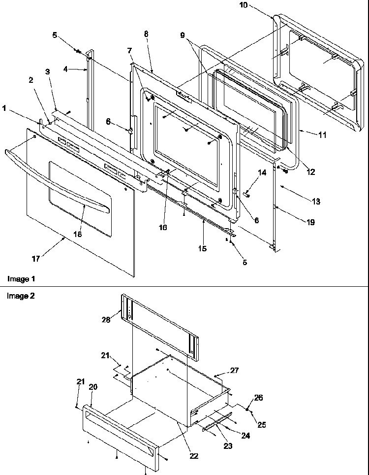 Oven Door And Storage Drawer Diagram and Parts List for ARR3400L-P1143679NL  Amana Range
