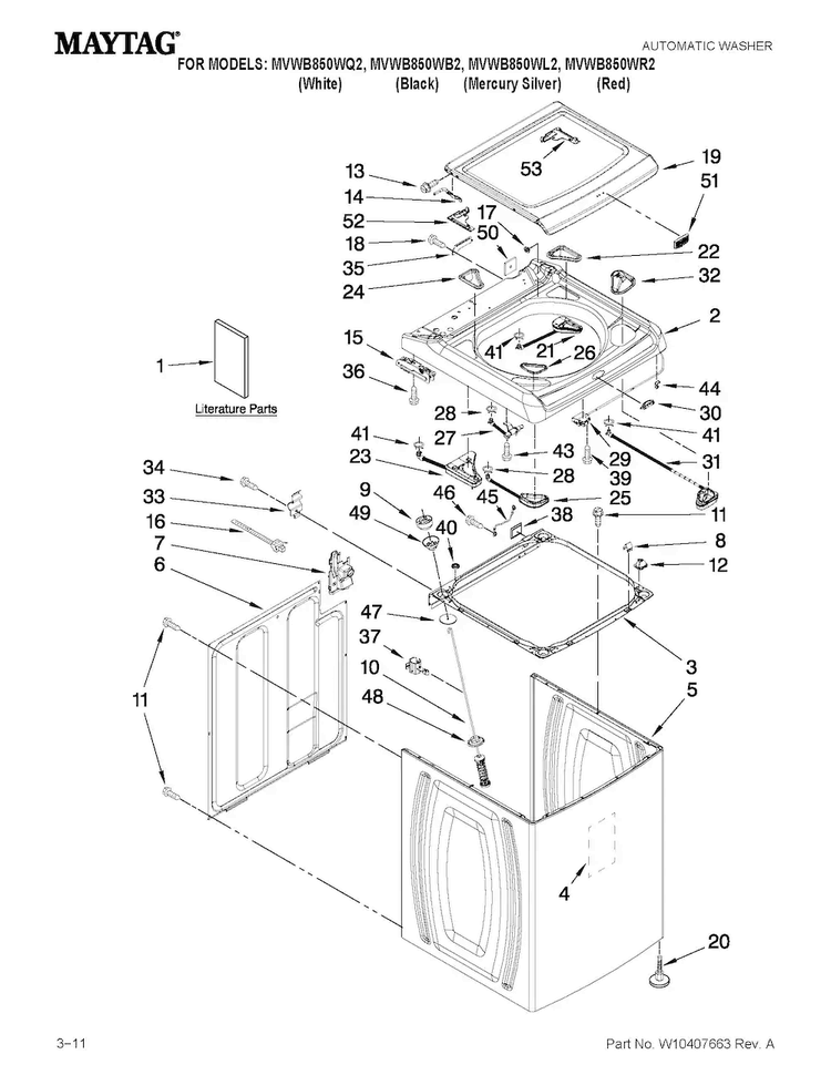 Top And Cabinet Parts Diagram and Parts List for MVWB850WQ2  Maytag Washer