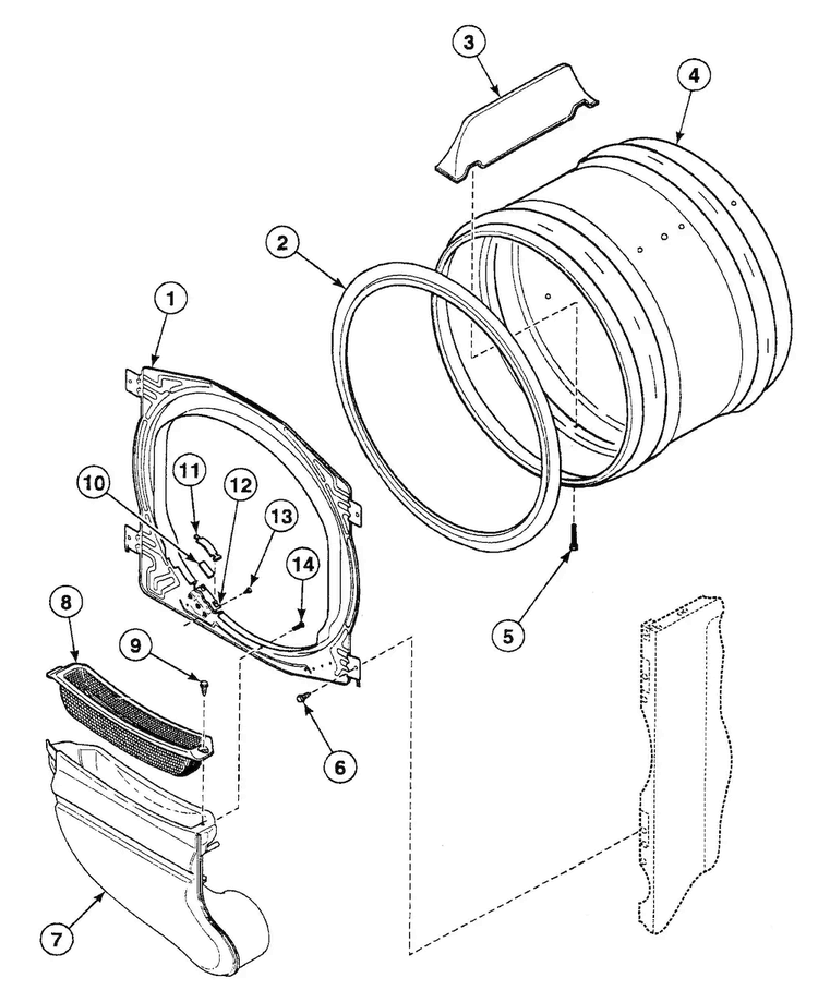 Drum Assy Diagram and Parts List for SSG109WF1124  Speed Queen Dryer