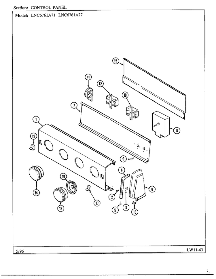 Control Panel Diagram and Parts List for LNC6761A71  Admiral Washer