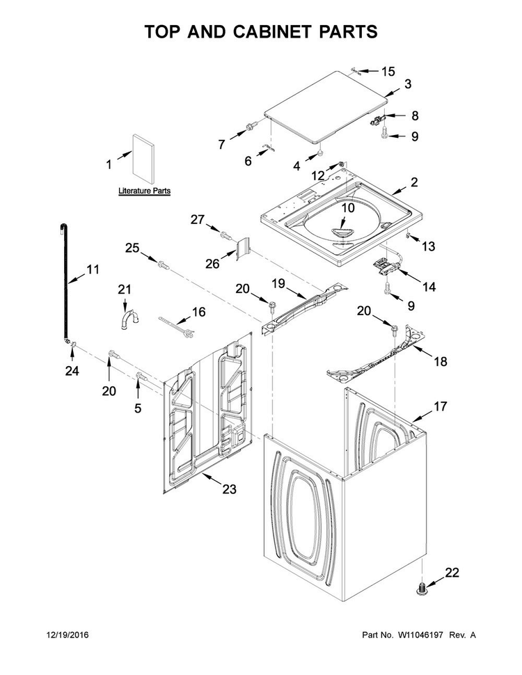 Top And Cabinet Parts Diagram and Parts List for CAW11544EW2  Crosley Washer