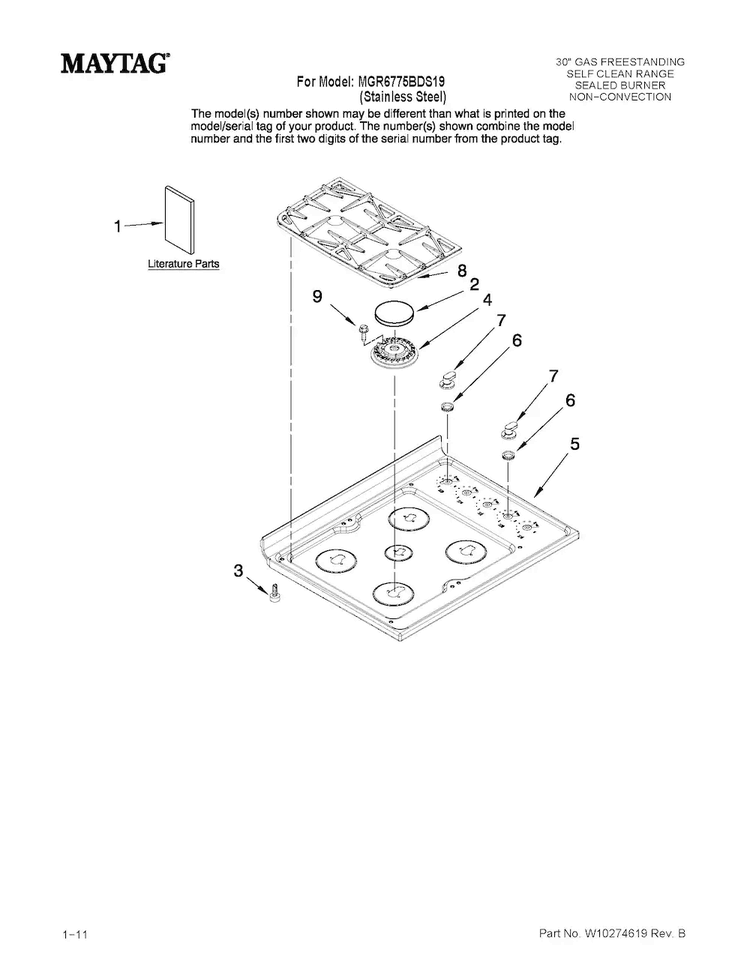 Cooktop Parts Diagram and Parts List for MGR6775BDS19  Maytag Range