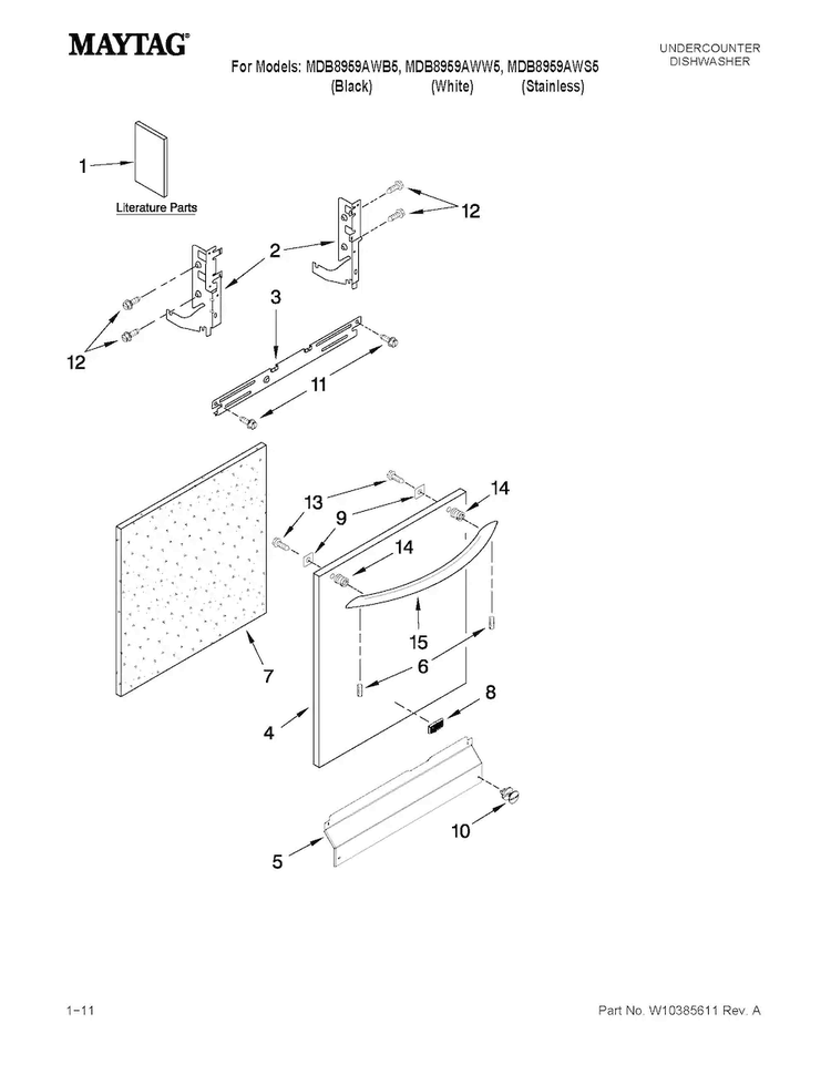 Door And Panel Parts Diagram and Parts List for MDB8959AWB5  Maytag Dishwasher