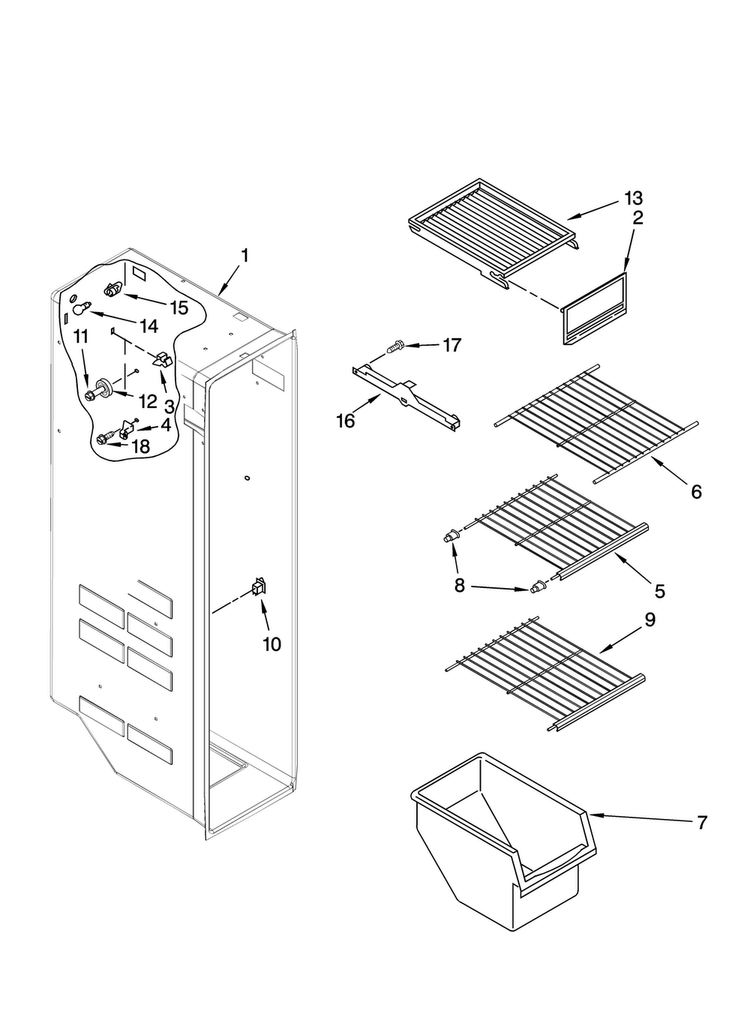 Freezer Liner Parts Diagram and Parts List for MSD2552VEA01  Maytag Refrigerator