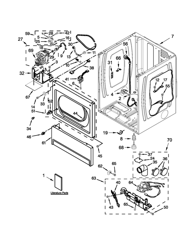 Lower Cabinet And Front Panel Parts Diagram and Parts List for MLG24PRAWW3  Maytag Dryer