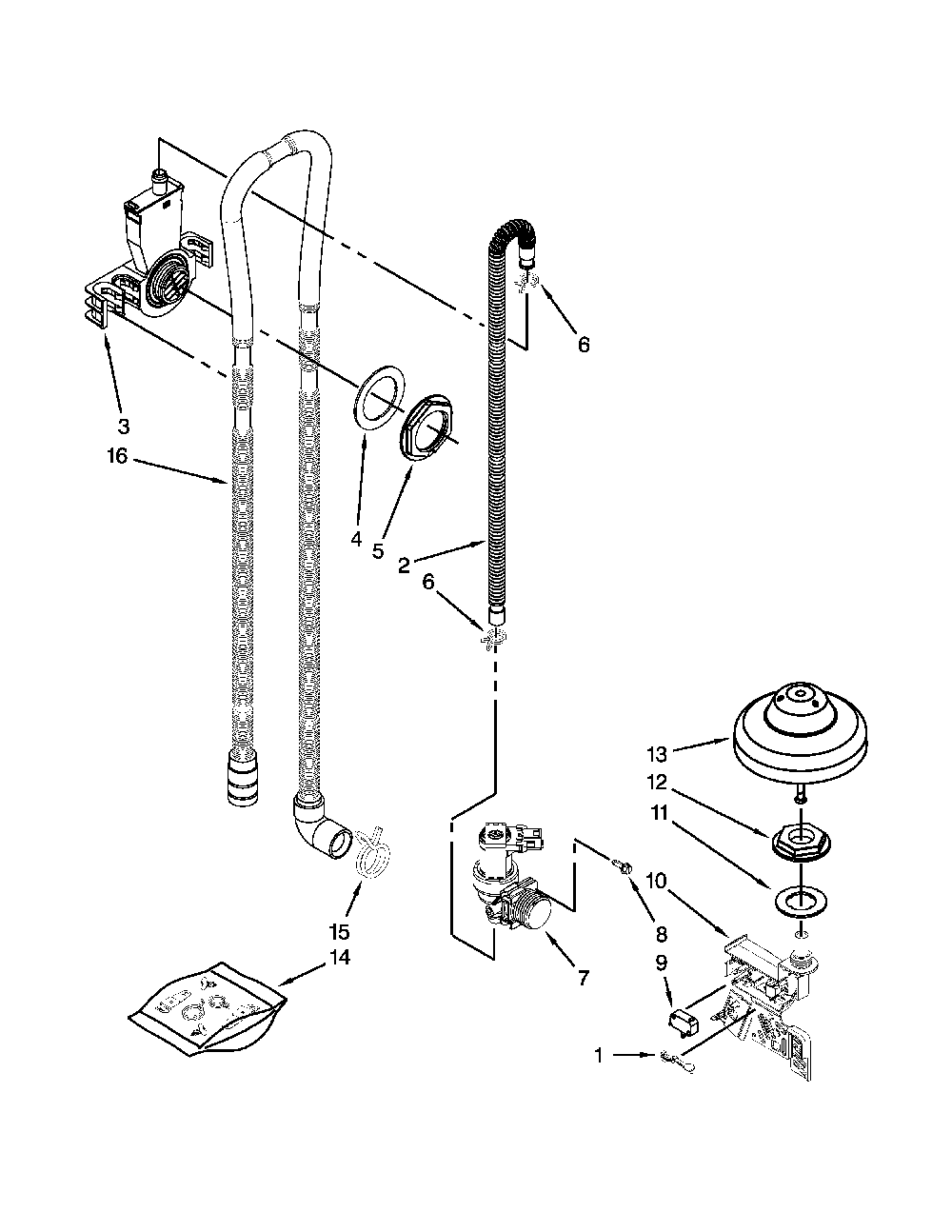 Fill, Drain And Overfill Parts Diagram and Parts List for 66513972K105  Kenmore Dishwasher