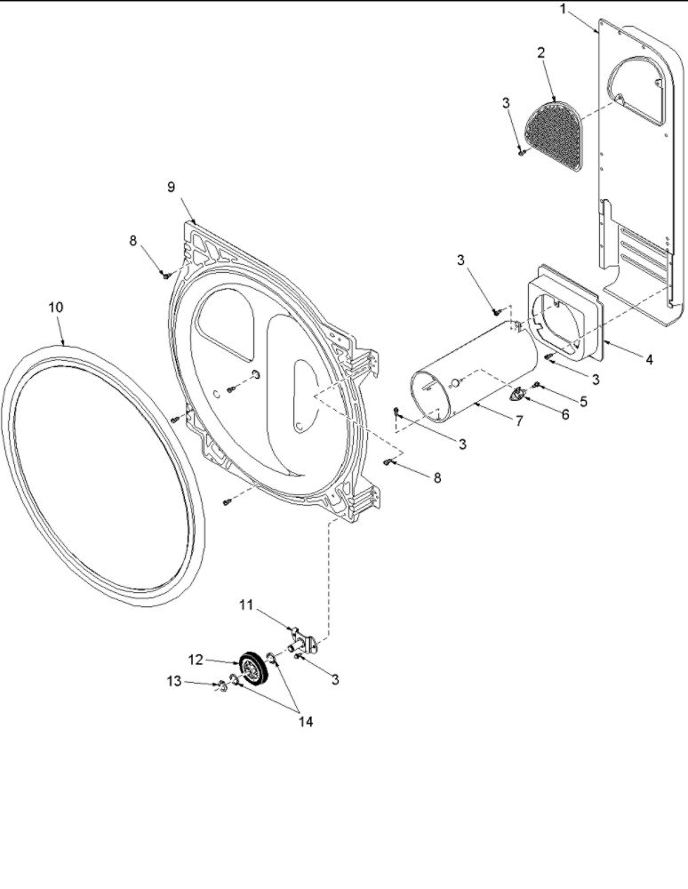Rear Bulkhead, Rollers And Air Duct Assembly Diagram and Parts List for ALG643RAW-PALG643*  Amana Dryer